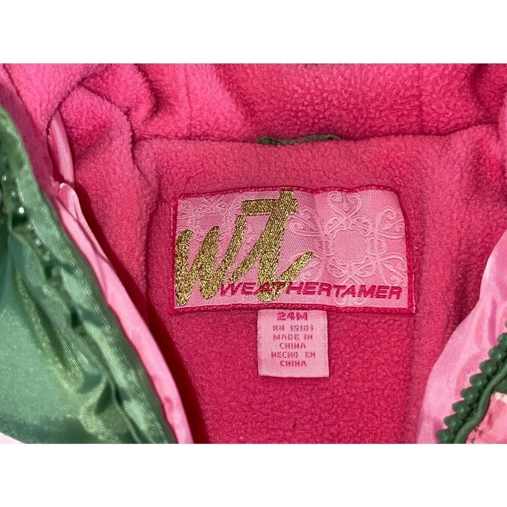Weather Tamer Toddler‎ Girls Green Puffer Jacket Hooded Pink Trim Heart 24M